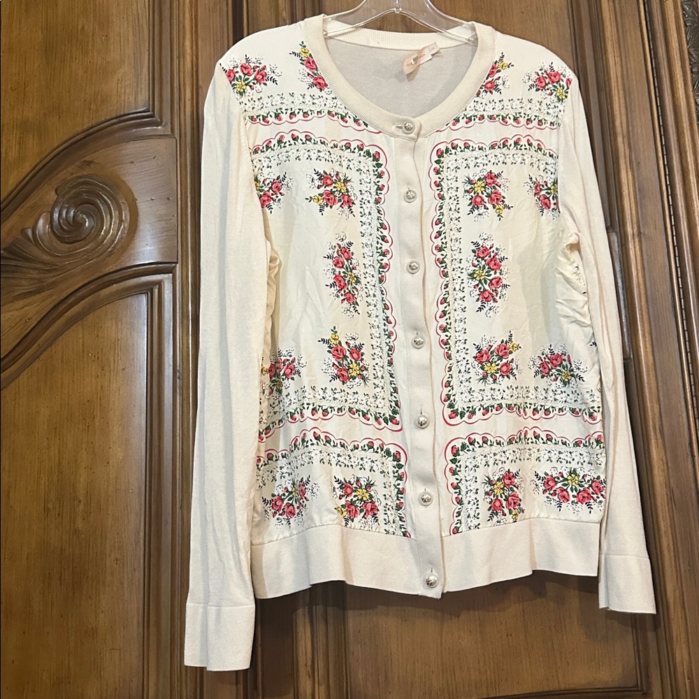Tory Burch SILK Cream Garden Veil Printed Floral Cardigan With Pearl Buttons L